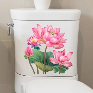 Vibrant pink lotus flower waterproof sticker applied on a white toilet tank surface.
