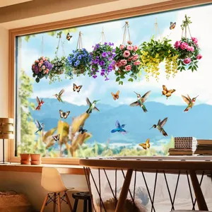 Hanging flower basket and hummingbird window static cling stickers for home decor