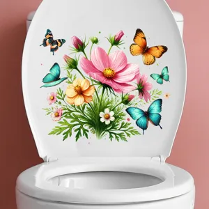 Vibrant floral and butterfly waterproof stickers applied to a white toilet lid cover