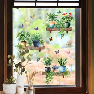 Colorful watercolor potted plant and butterfly static glass stickers for window decoration.