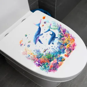Vibrant watercolor whale and coral reef waterproof toilet seat sticker for bathroom