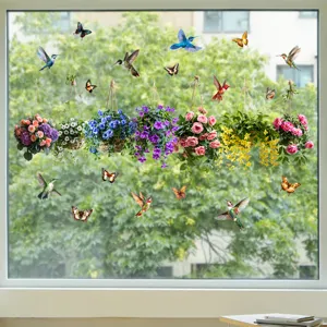 Vibrant hummingbird and floral basket static window stickers on glass surface