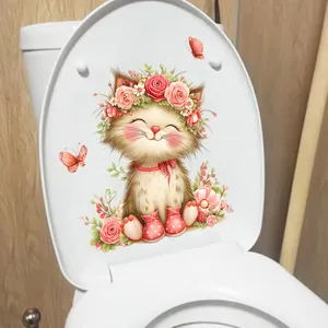 Detailed view of cute cat and butterfly waterproof sticker applied on a white toilet lid