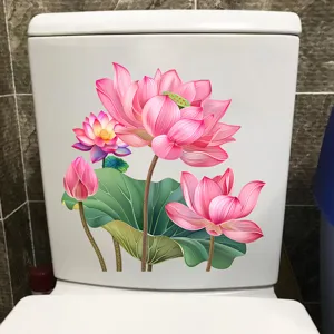 Realistic pink lotus flower waterproof wall decal applied to a white toilet tank detail
