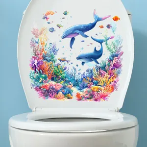 Vibrant underwater world toilet seat sticker with colorful dolphins and coral reef scene