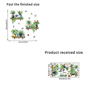 Detail view of green plant glass stickers showing finished size versus received layout size.