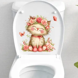Close-up of cute cat and flower waterproof sticker applied to a white toilet lid.