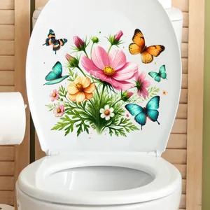 Vibrant floral and butterfly self-adhesive waterproof toilet seat cover sticker for bathroom decor