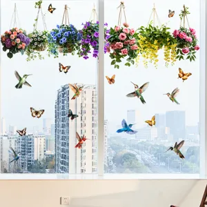 Vibrant hanging flower basket and hummingbird static window stickers for home glass decor