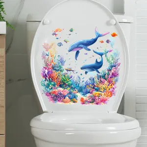 Vibrant underwater dolphin and coral reef waterproof self-adhesive toilet seat sticker
