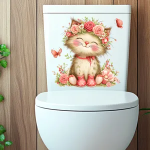 Adorable cartoon cat with flowers waterproof decorative decal sticker for bathroom toilet