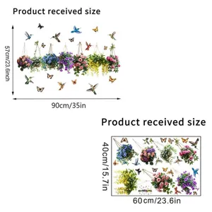 Size details for waterproof static window stickers with flower and bird designs.
