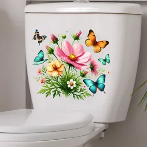 Detail view of colorful floral and butterfly waterproof sticker applied on a white toilet.