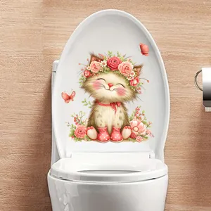Detailed view of cute cat with flower crown waterproof toilet lid sticker decal