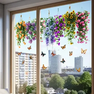 Decorative static window stickers with hanging flower baskets and butterfly patterns