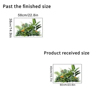 Detailed size guide for tropical plant wall sticker showing sheet and pasted dimensions