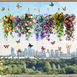 Decorative window stickers showing colorful hanging flower baskets and butterflies.