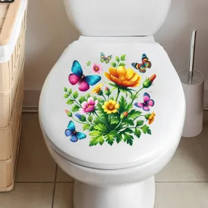 Detailed view of a waterproof floral and butterfly decal applied on a white toilet lid