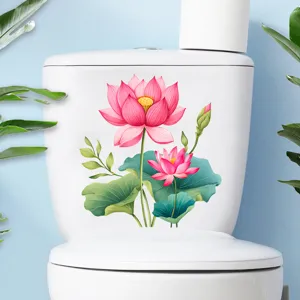 Detailed close-up of a pink lotus flower waterproof sticker applied to a white toilet tank