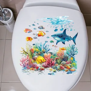 Colorful underwater shark and coral reef waterproof decal applied on a white toilet lid