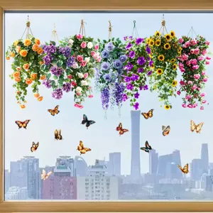 Detail showing colorful floral hanging basket and butterfly stickers on glass