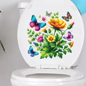 Vibrant floral and butterfly waterproof self-adhesive toilet lid sticker for bathroom decor