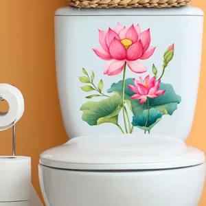 Detail view of pink lotus flower waterproof sticker applied on a white toilet tank