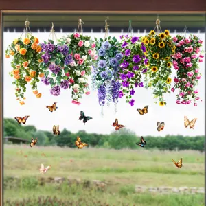 Close-up detail of colorful floral basket and butterfly static window cling stickers