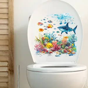 Colorful underwater shark and coral reef waterproof toilet seat sticker detail