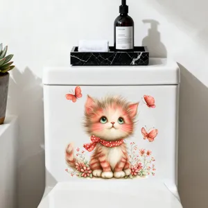 Detailed view of cute kitten and butterfly waterproof toilet sticker on a white tank