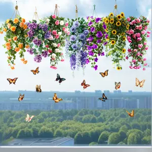 Colorful floral hanging basket and butterfly static window clings for house glass decor