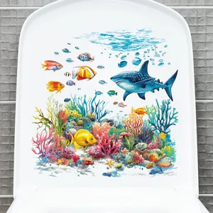 Detail of waterproof marine toilet seat sticker with colorful coral reef and whale shark.
