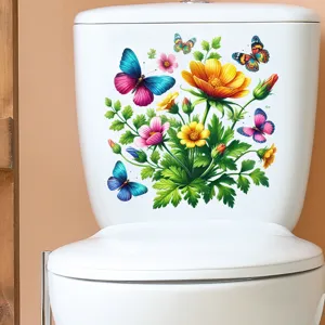 Colorful flowers and butterflies waterproof sticker applied to white toilet tank