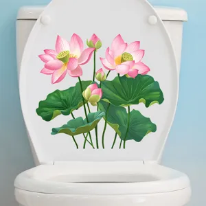 Detail view of pink lotus flower waterproof sticker applied on a white toilet lid