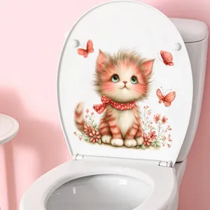 Detail view of a cute fluffy cat and butterfly waterproof decorative toilet lid sticker.
