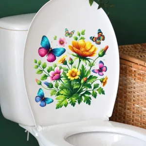 Waterproof self-adhesive toilet lid sticker featuring colorful floral and butterfly patterns