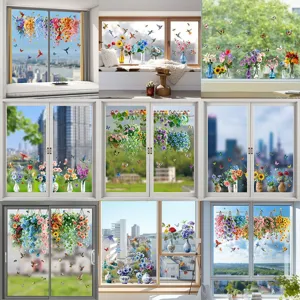 Pegatinas de Ventana con Adhesión Estática Jarrón de Flores Mariposa Pájaro Calcomanías de Vidrio Impermeables Removibles Decoración del Hogar Cocina