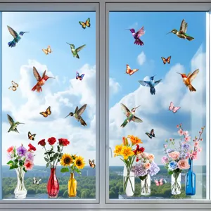 Vibrant hummingbird and butterfly static window clings showing realistic floral garden scene