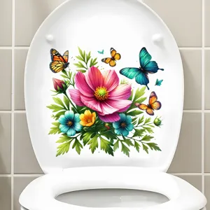 Detailed view of vibrant floral and butterfly waterproof stickers on a white toilet seat