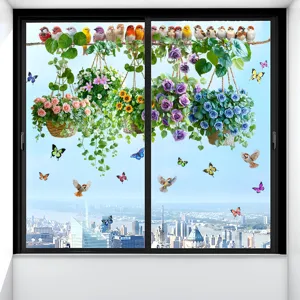 Vista detallada de pegatinas estáticas para ventanas con pájaros coloridos y cestas de flores