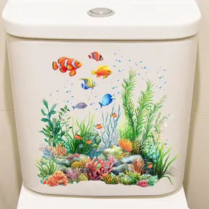 Detailed view of a colorful sea life toilet sticker with tropical fish and coral reef.