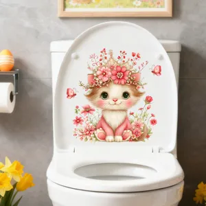 Cute cat and floral butterfly decorative sticker on a white toilet lid