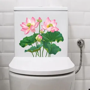 Close-up of pink lotus flower waterproof decal applied on a white toilet tank