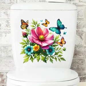 Waterproof floral and butterfly self-adhesive sticker decoration on a white toilet tank
