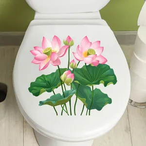 Detail view of pink lotus waterproof sticker applied to a white ceramic toilet lid