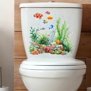 Detailed view of underwater scene toilet decal with colorful coral and fish