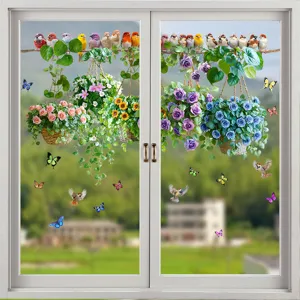 Vista detallada de adhesivos estáticos para ventanas con cestas de flores y pájaros en cristal