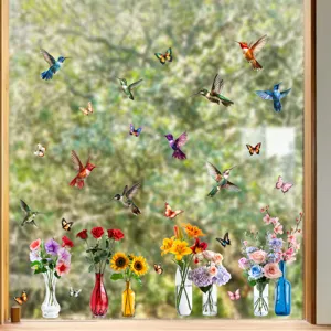 Colorful hummingbird and butterfly static window clings showing beautiful floral designs