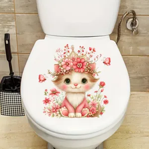 Adorable kitten with floral crown and butterfly waterproof toilet lid sticker decoration