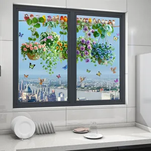 Detalle de pegatinas estáticas decorativas para ventanas con pájaros y flores